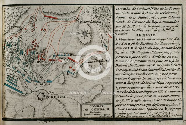 Seven Years War (1756-1763): Map of Battle of Corbach or Korbach (July 10, 1760), 1765. Creator: Jean de Beaurain.