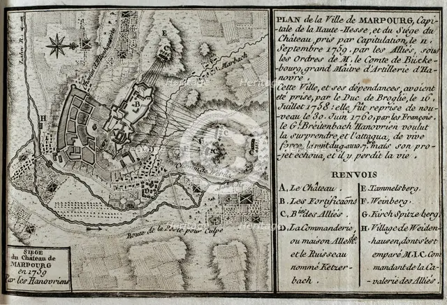 Seven Years War (1756-1763): Map of Marburg and siege of the castle, Hesse, 1759 (1765). Creator: Jean de Beaurain.