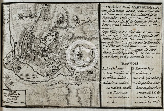 Seven Years War (1756-1763): Map of Marburg and siege of the castle, Hesse, 1759 (1765). Creator: Jean de Beaurain.