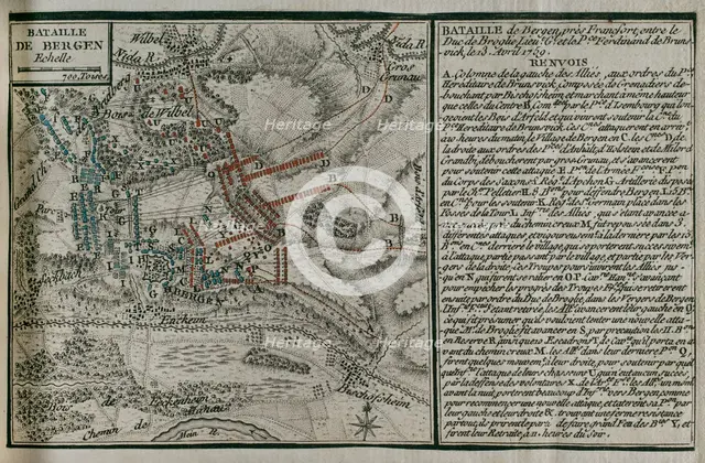 Seven Years War (1756-1763): Map of the Battle of Bergen (April 13, 1759), 1765. Creator: Jean de Beaurain.