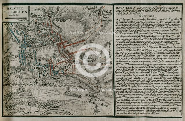 Seven Years War (1756-1763): Map of the Battle of Bergen (April 13, 1759), 1765. Creator: Jean de Beaurain.