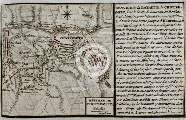 Seven Years War (1756-1763): Map of the Battle of Chotzemitz (18 June 1757), 1765. Creator: Jean de Beaurain.