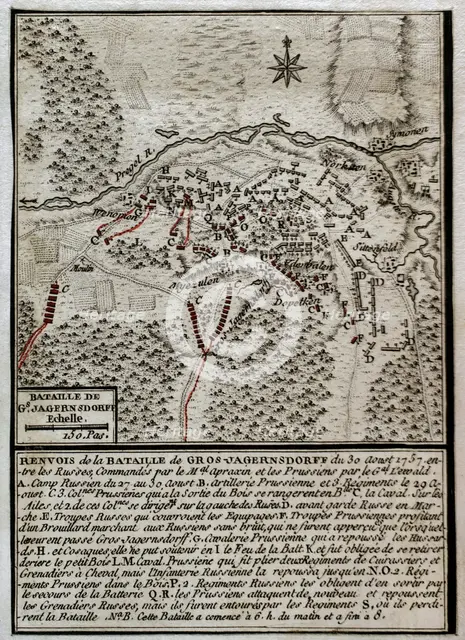 Seven Years War (1756-1763): Map of the Battle of Gross-Jägersdorf (August 30, 1757).  Creator: Jean de Beaurain.
