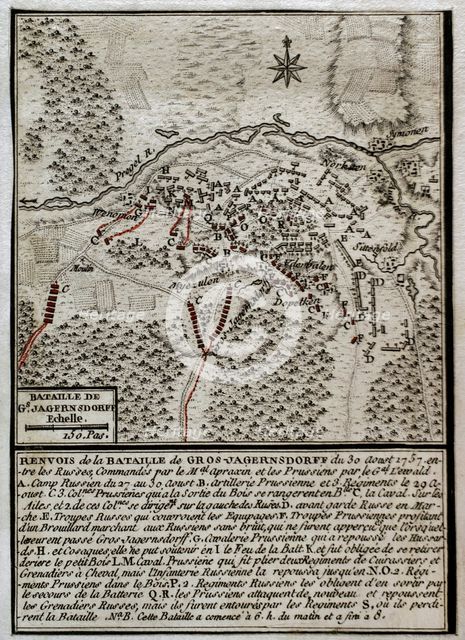 Seven Years War (1756-1763): Map of the Battle of Gross-Jägersdorf (August 30, 1757).  Creator: Jean de Beaurain.