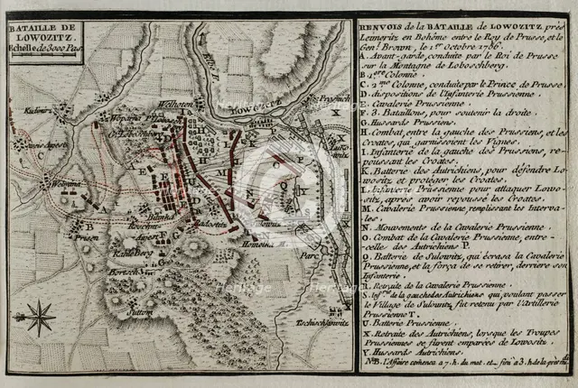 Seven Years War (1756-1763): Map of the Battle of Lobositz or Lovosice (October 1, 1756), 1765. Creator: Jean de Beaurain.