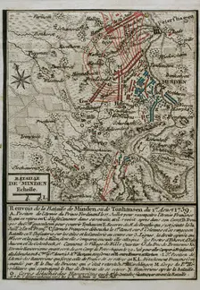 Seven Years War (1756-1763): Map of the Battle of Minden (August 1, 1759), 1765. Creator: Jean de Beaurain