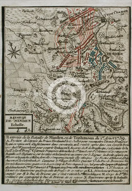 Seven Years War (1756-1763): Map of the Battle of Minden (August 1, 1759), 1765. Creator: Jean de Beaurain.