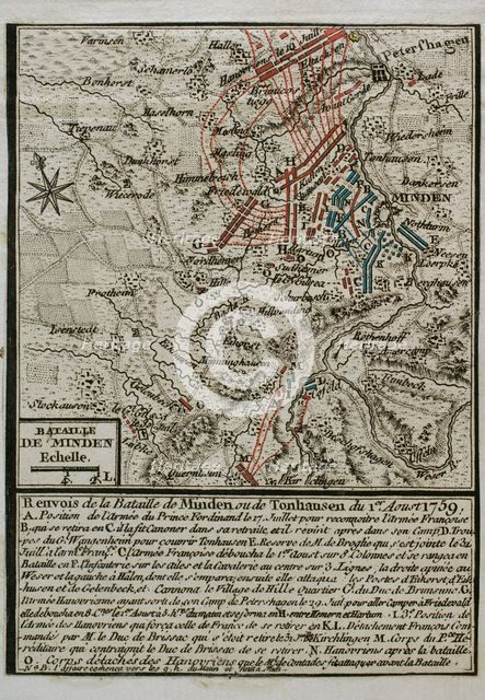Seven Years War (1756-1763): Map of the Battle of Minden (August 1, 1759), 1765. Creator: Jean de Beaurain.
