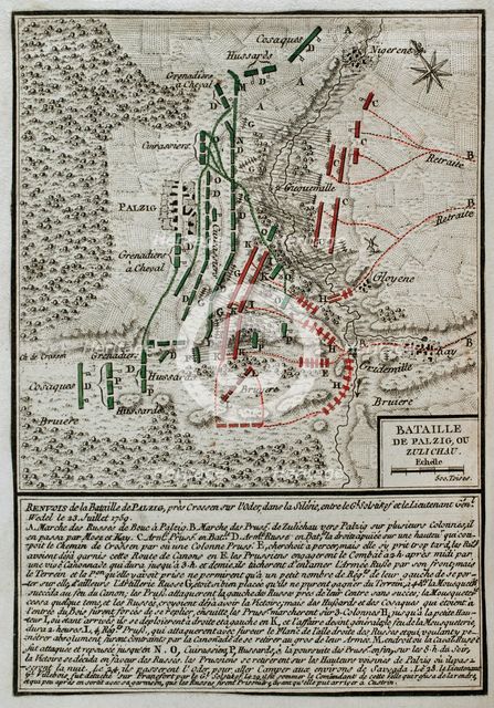 Seven Years War (1756-1763): Map of the Battle of Palzig, also called Battle of Kay...1759, 1765. Creator: Jean de Beaurain.