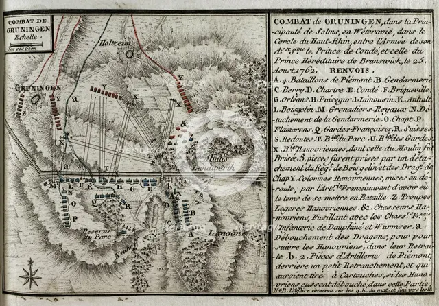 Seven Years War (1756-1763): Map of the Combat of Grüningen (25 August 1762), 1765. Creator: Jean de Beaurain.