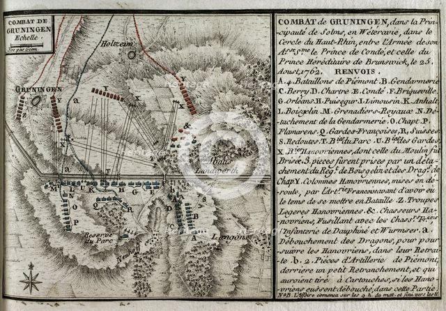 Seven Years War (1756-1763): Map of the Combat of Grüningen (25 August 1762), 1765. Creator: Jean de Beaurain.
