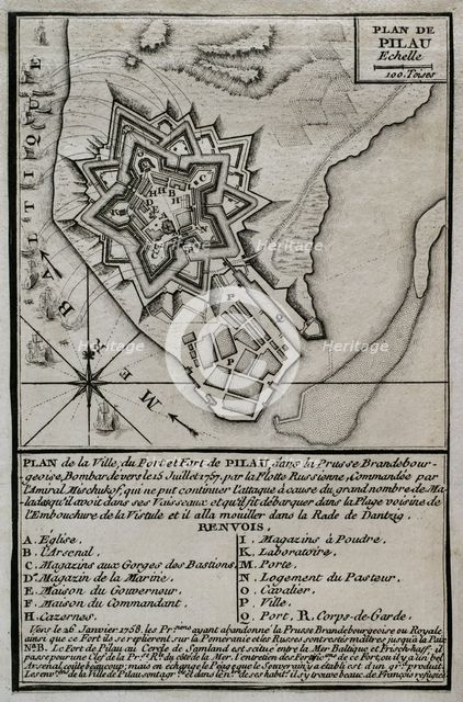 Seven Years War (1756-1763): Map of the fortress of Pillau, on the Baltic Sea, 1765. Creator: Jean de Beaurain.
