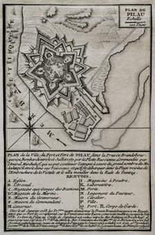 Seven Years War (1756-1763): Map of the fortress of Pillau, on the Baltic Sea, 1765. Creator: Jean de Beaurain
