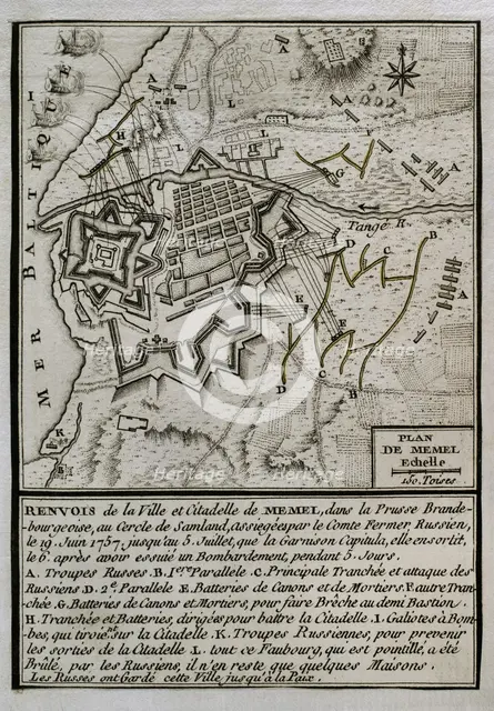 Seven Years War (1756-1763): Map of the Russian bombardment of Memel, 1757 (1765). Creator: Jean de Beaurain.