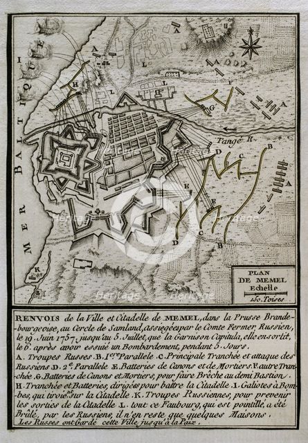 Seven Years War (1756-1763): Map of the Russian bombardment of Memel, 1757 (1765). Creator: Jean de Beaurain.