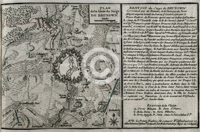 Seven Years War (1756-1763): Map of the rising of the Siege of Brunswick, 1761 (1765). Creator: Jean de Beaurain.