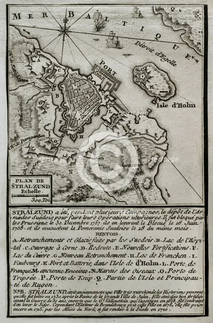 Seven Years War (1756-1763): Pomeranian War - Map of Stralsund - blockade of Stralsund..., 1765. Creator: Jean de Beaurain.