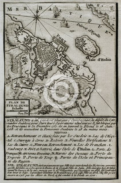 Seven Years War (1756-1763): Pomeranian War - Map of Stralsund - blockade of Stralsund..., 1765. Creator: Jean de Beaurain.