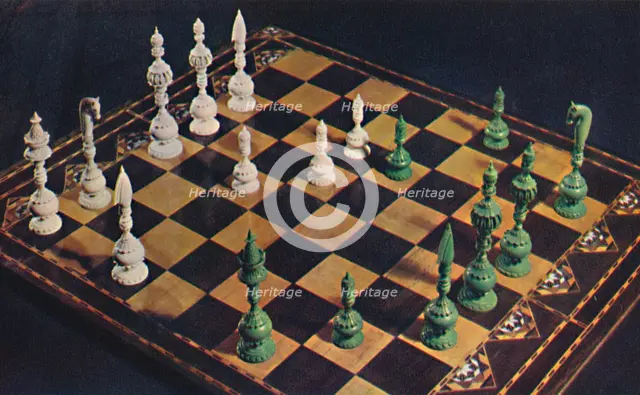 'Seventeenth-Century Ivory Chessmen and Board', 1948. Artist: Unknown.