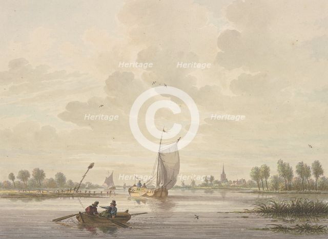 Several barges sail on a river, a rowboat in the foreground. Creator: Nicolaas Wicart.