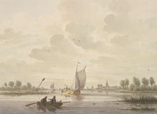 Several barges sail on a river, a rowboat in the foreground. Creator: Nicolaas Wicart
