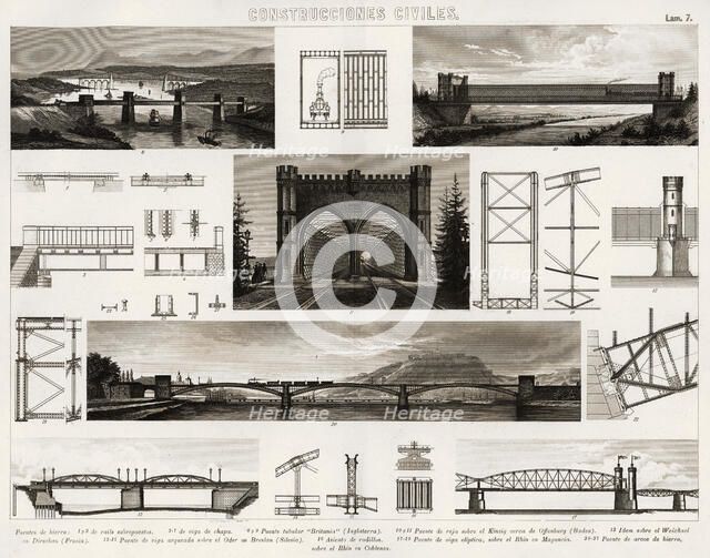 Several engravings of civil constructions for railway traffic, Madrid 1880.