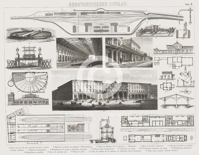 Several engravings of civil constructions for railway traffic, Madrid 1882.