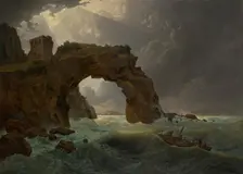 Sea storm at the Arco di Miseno near Miliscola with a view towards Nisida, 1819. Creator: Joseph Rebell