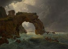 Sea storm at the Arco di Miseno near Miliscola with a view towards Nisida, 1819. Creator: Joseph Rebell