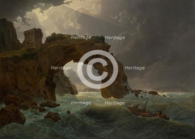 Sea storm at the Arco di Miseno near Miliscola with a view towards Nisida, 1819. Creator: Joseph Rebell.