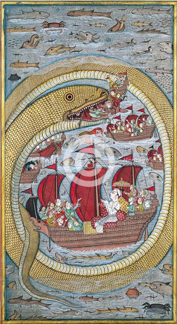 Sea serpent swallows the royal fleet, 1670. Artist: Indian Art  