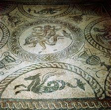 Seahorse and Cupid on Dolphin mosaic, Fishbourne Roman Villa, Sussex