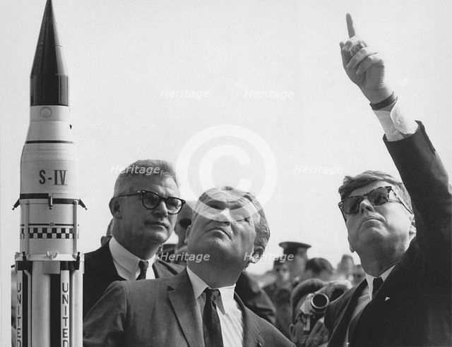 Seamans, von Braun and President Kennedy at Cape Canaveral, Florida, USA, 1963.  Creators: NASA, Wernher von Braun.
