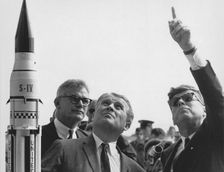 Seamans, von Braun and President Kennedy at Cape Canaveral, Florida, USA, 1963. Creators: NASA, Wernher von Braun
