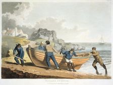 Seamen hauling a clinker-built dinghy up onto the shore, 1821. Creator: Unknown