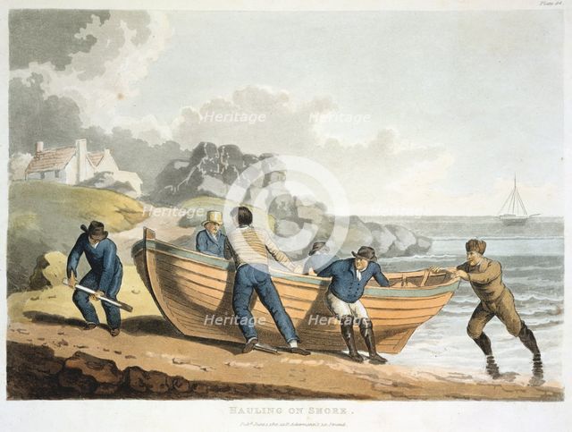 Seamen hauling a clinker-built dinghy up onto the shore, 1821.  Creator: Unknown.
