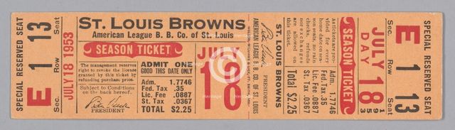 Season ticket for the St. Louis Browns baseball team, 1953. Creator: Unknown.