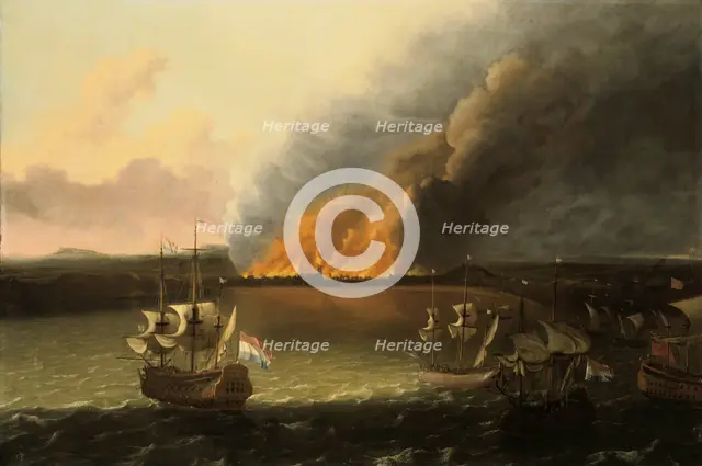 Seascape with a fire in the distance, 1667. Artist: Ludolf Backhuysen I