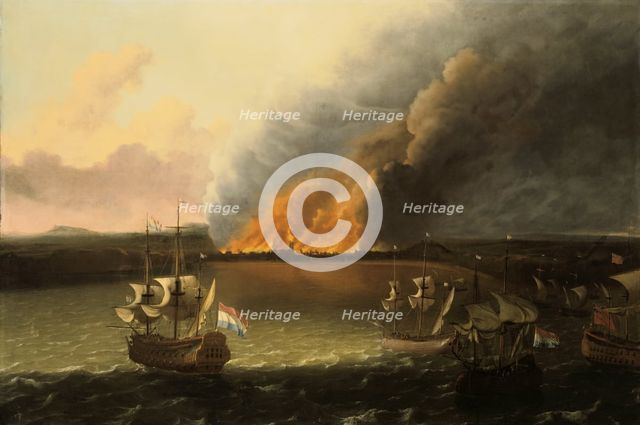 Seascape with a fire in the distance, 1667. Artist: Ludolf Backhuysen I