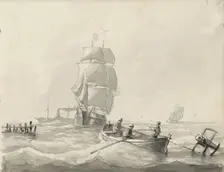 Seascape with sailing ships, a steamship and a rowing boat, c.1825-c.1875. Creator: Circle of Petrus Johannes Schotel