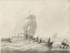 Seascape with sailing ships, a steamship and a rowing boat, c.1825-c.1875. Creator: Circle of Petrus Johannes Schotel