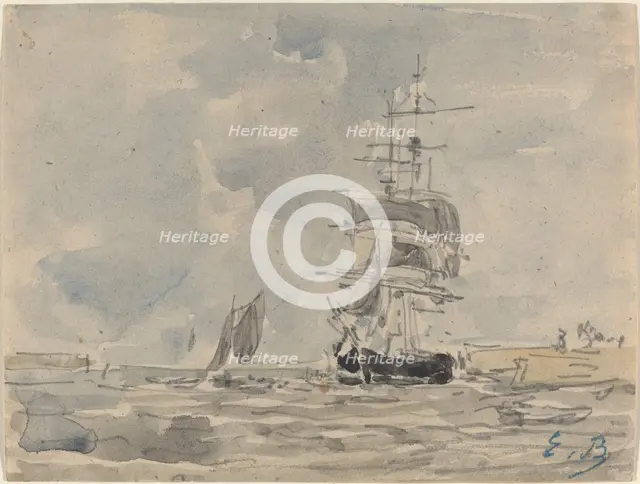 Seascape with Sailing Vessel, c. 1875. Creator: Eugene Louis Boudin.