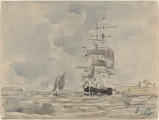 Seascape with Sailing Vessel, c. 1875. Creator: Eugene Louis Boudin