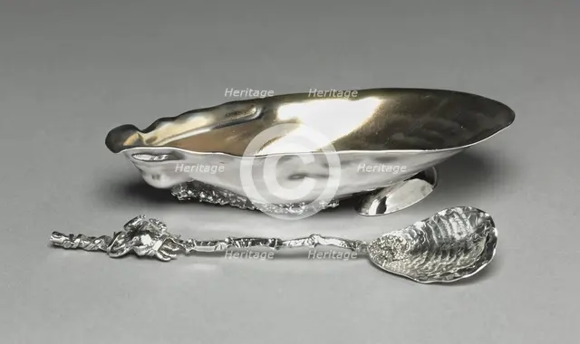 Seashell Salt with Shell and Crab Spoon, 1884. Creator: Gorham Manufacturing Company (American, founded 1831).