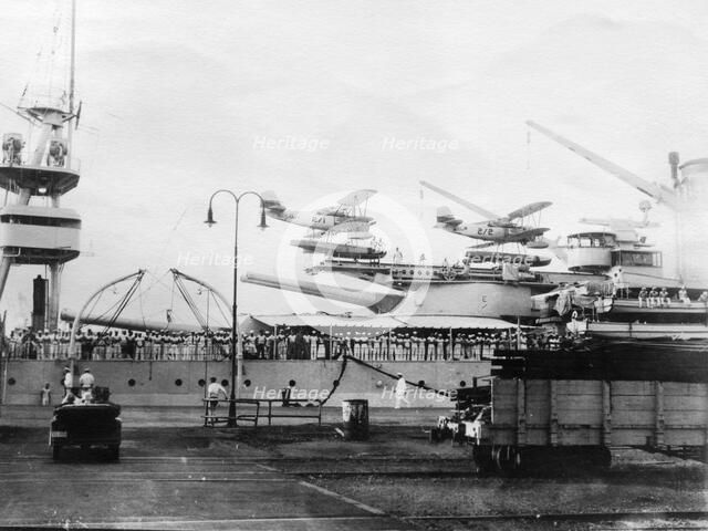Seaplanes on board a US Navy warship, Navy yard, Balboa, Panama, 1931. Artist: Unknown