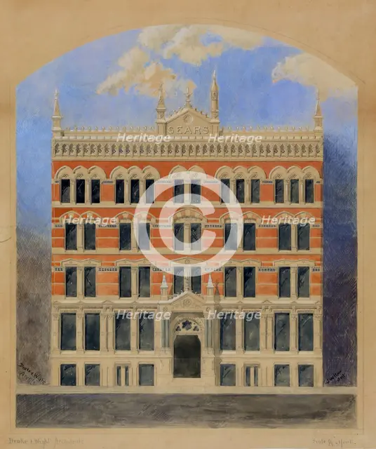 Sears Building, Chicago, Illinois, Elevation of Competition Drawing, c. 1873. Creator: Carter Drake and Wight.
