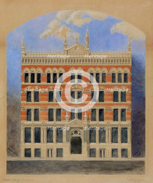 Sears Building, Chicago, Illinois, Elevation of Competition Drawing, c. 1873. Creator: Carter Drake and Wight.