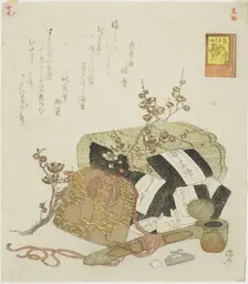 Seaweed, portable writing case, and plum branch, no. 5 from the series "The Rabbit's..., 1819. Creator: Shinsai