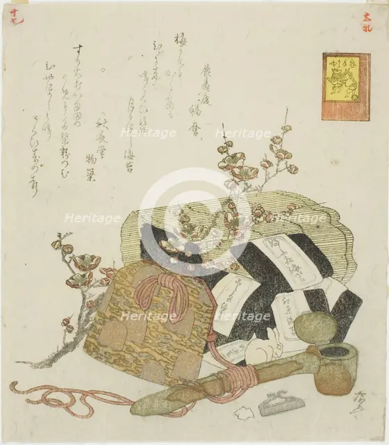 Seaweed, portable writing case, and plum branch, no. 5 from the series "The Rabbit's..., 1819. Creator: Shinsai.
