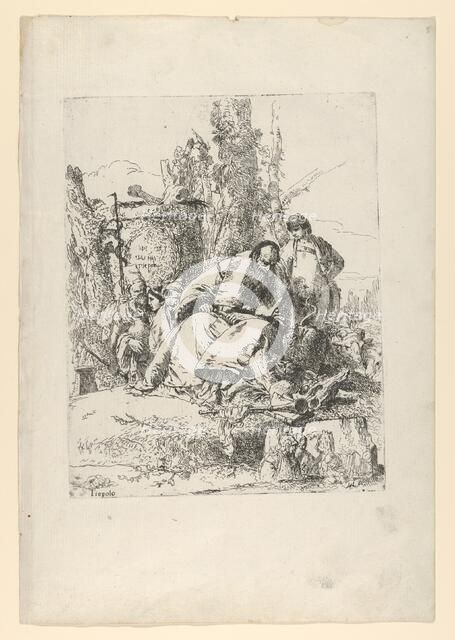 Seated magician, boy and four figures from the Scherzi di Fantasia, ca. 1743-50. Creator: Giovanni Battista Tiepolo.
